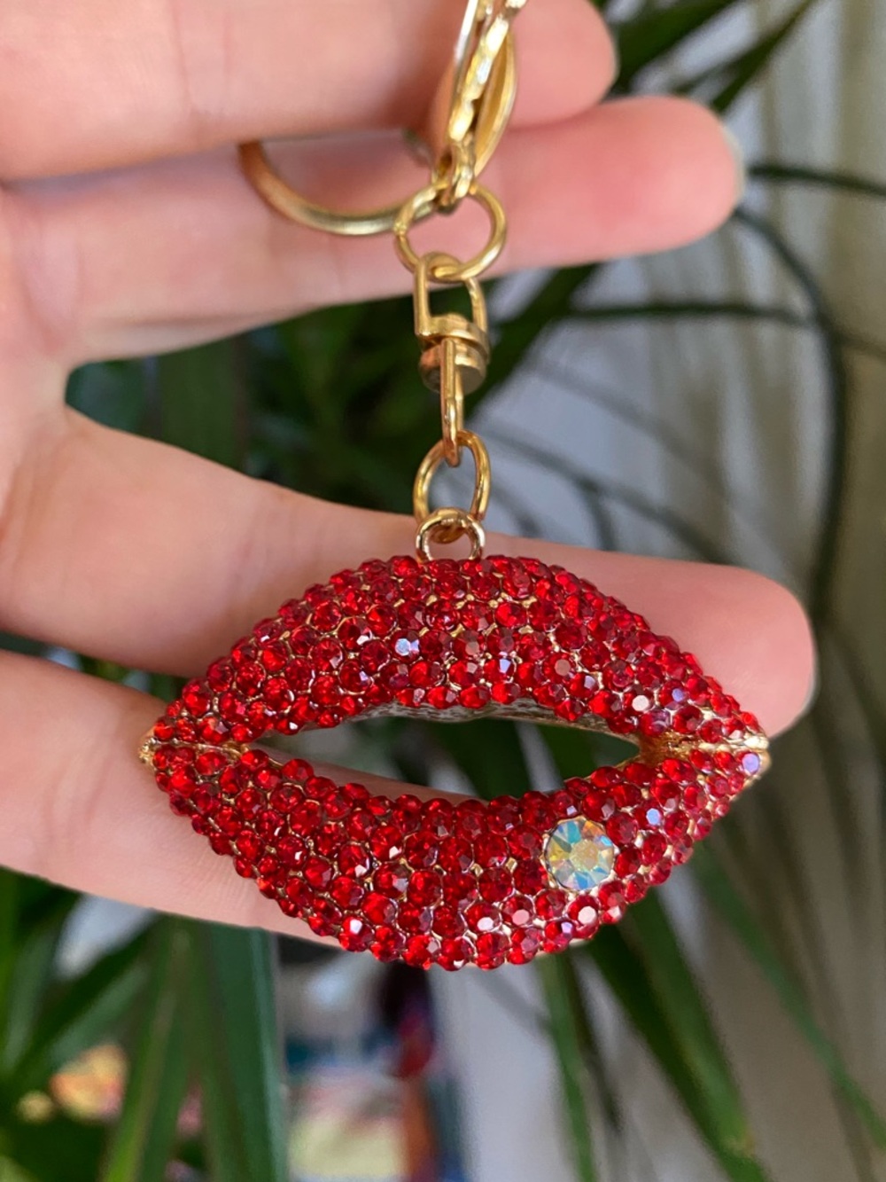 Red Crystal Lip Keychain Charm with Gold Hardware